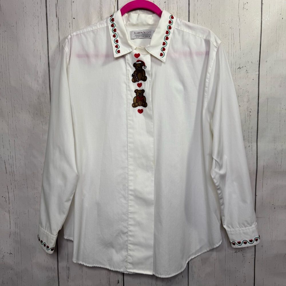 Karen Scott White Embroidered Teddy Bear Button Front Shirt XL Cottagecore